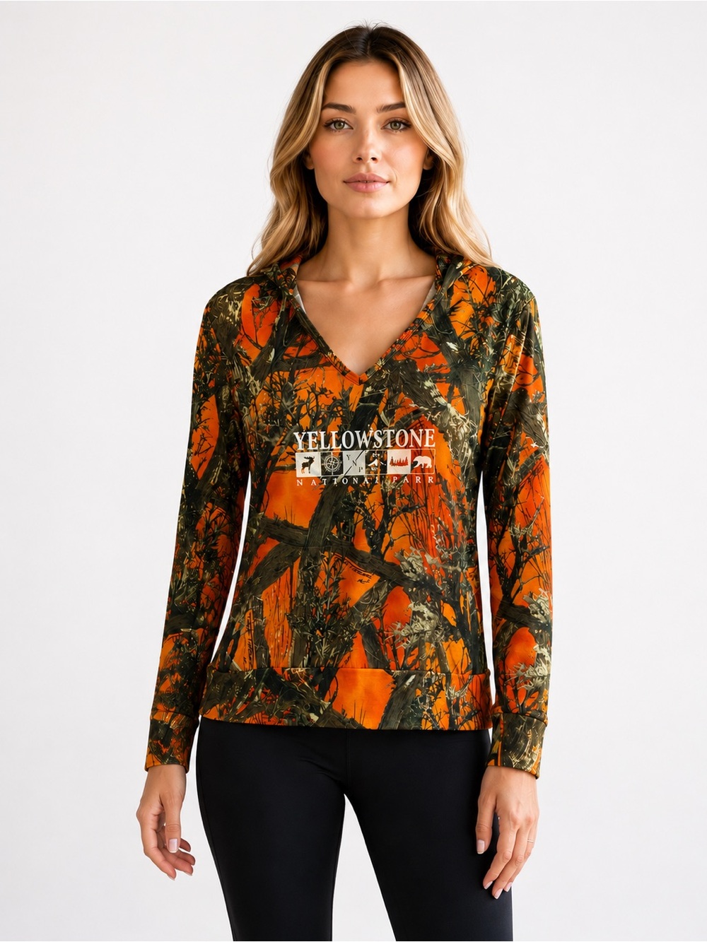 Shore Trendz Yellowstone National Park Shirt Medium Camo Orange Long Sleeve Hood
